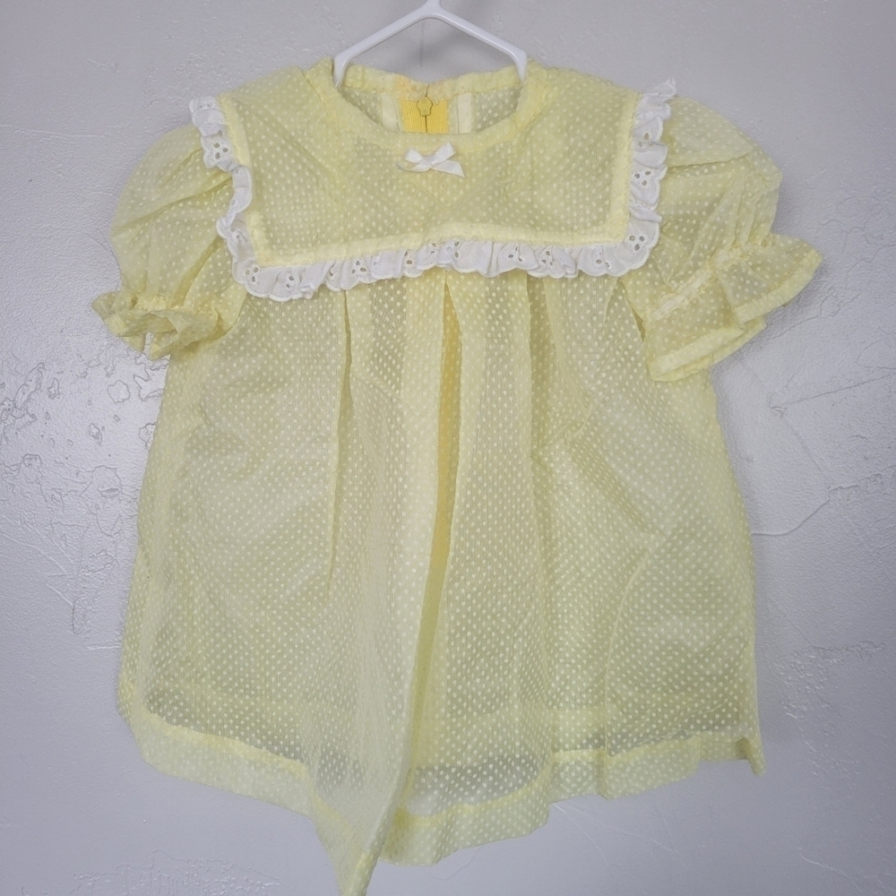 Vintage Yellow Dress Baby Girl Polka Dot Overlay Sheer Sailor Collar Spring